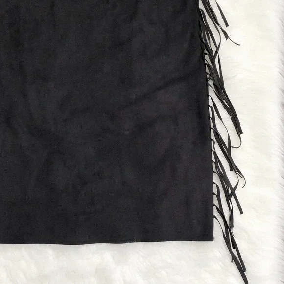 1. State Dress Fringe Black Faux Suede Shift Southwestern Boho Mini - Picture 6 of 8